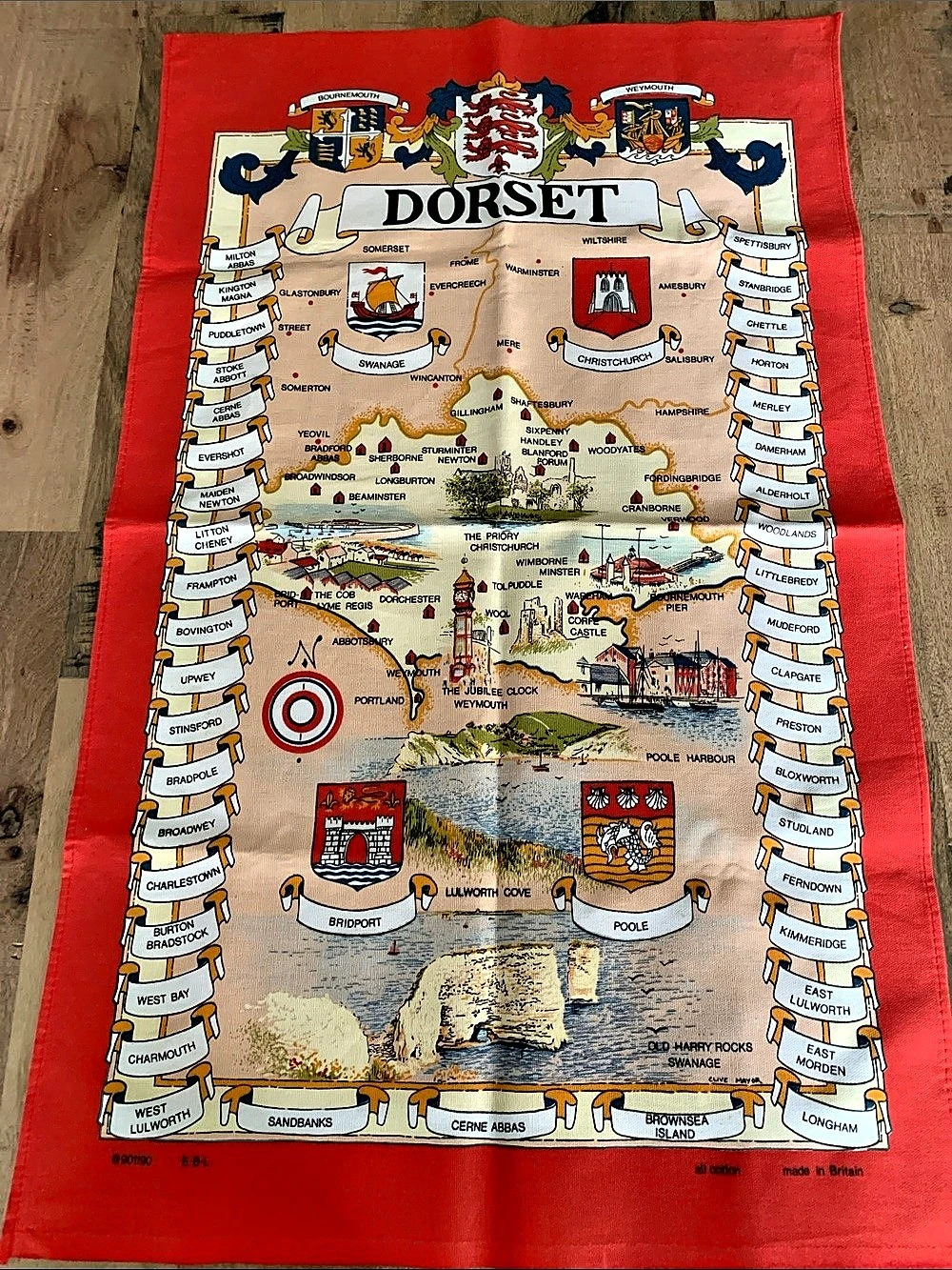 Dorset UK Map Cotton Tea Towel Decor in Red